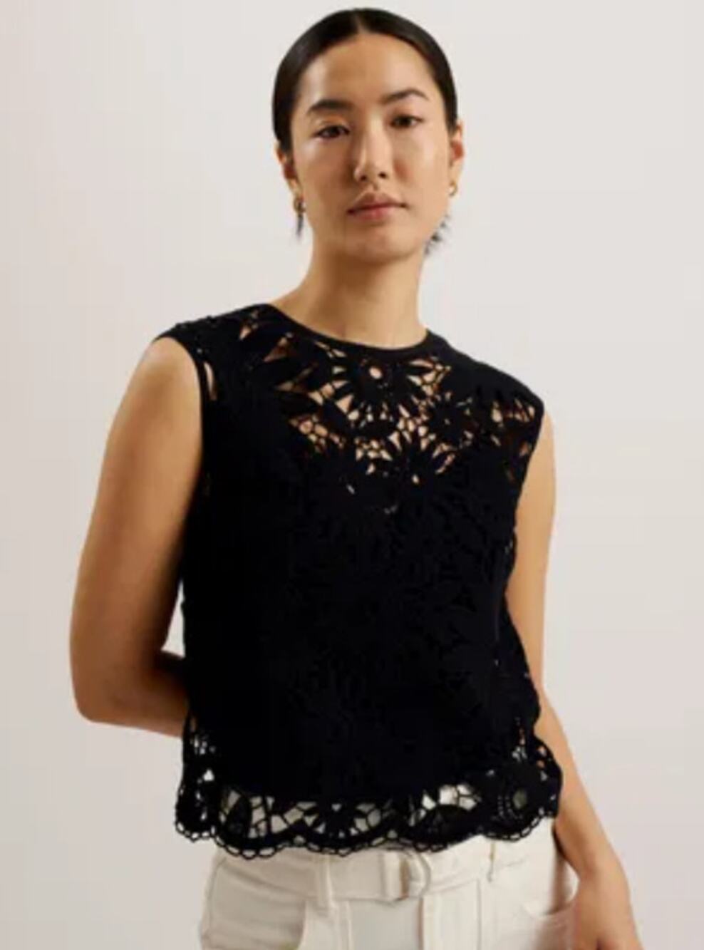 TED BAKER Women's Katrnn Crochet Top US 10 Ted Size 4 Black Short Sleeve NWT